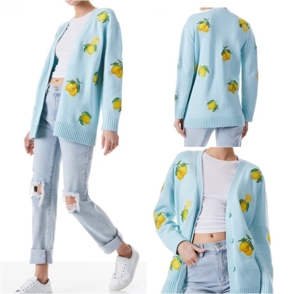 ALICE + OLIVIA BRADFORD LEMON EMBROIDERED GRANDPA CARDIGAN - Picture 1 of 16